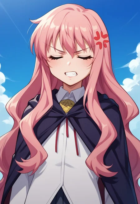 score_8_up, score_7_up, source_anime, highly detailed,
louisezero, 1girl, solo, long hair, pentacle, cape, pink hair, closed eyes, upper body, bolo tie, shirt, white shir anger vein, teeth, parody
outdoor, sky,