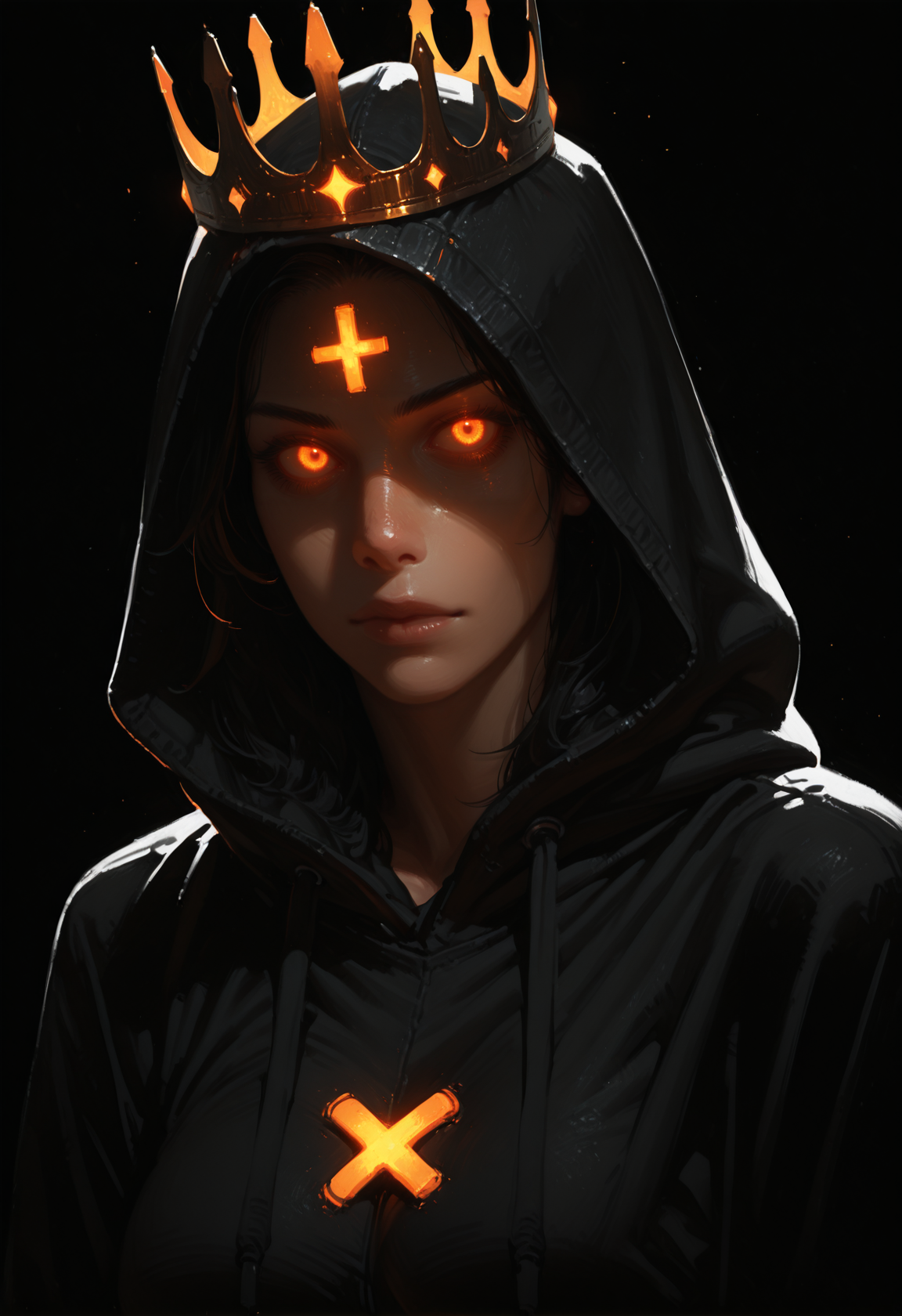 hood, black background, solo, 1girl, hoodie, female focus, , , hood up, black hoodie, crown, simple background, looking at viewer,  glowing, drawstring, glowing eyes, portrait, upper body, black theme, x_x, <lora:Detailer_NoobAI_Incrs_v1:0.75>, masterwork, masterpiece, best quality, dynamic lighting , dynamic pose,,  dynamic angle, , ,  (lineless:1.2), detailed, depth of field, dynamic lighting, blurry, (cheekbones:0.85), (realistic:1.2)
adult, aged up,, ultra-HD, cinematic lighting, photorealistic, (impressionism:1.5), high detail  ,masterpiece, best quality, very aesthetic, 8k,