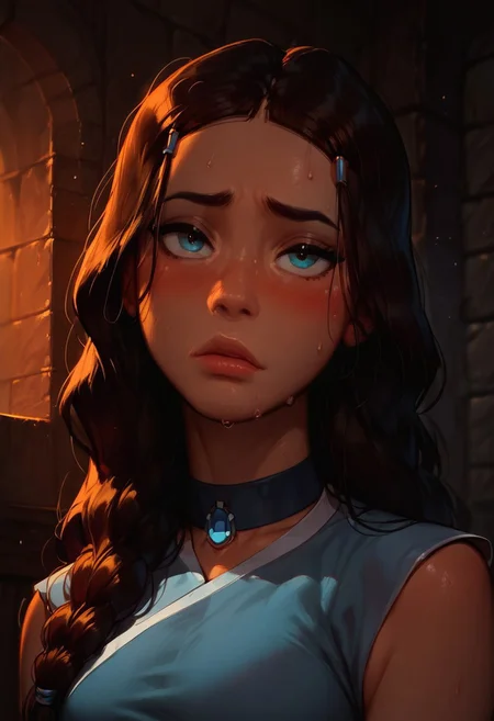 (score_9, score_8_up, score_7_up, score_6_up, score_5_up, score_4_up), 1girl, katara, closeup, face focus, blush, crop top, sweat, sexy, dungeon, pose, hot, upper body