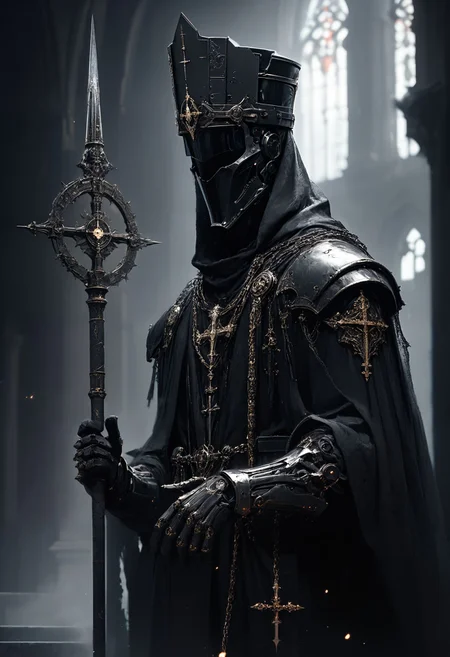(score_9, score_8_up), score_7_up, 1boy, 2others, church, Highly detailed RAW color Photo, holding staff, holding, cowboy shot, black hair, gloves, hat, hood, cape, from side, profile, makeup, chain, pale skin, robe, pillar,
shoulder armor, gauntlets, pauldrons, mask, dark, full armor, all black armor, black cloak, occult, dark theme, black theme, jewelry, dark, elegant, royal, headpiece, robot, mechanical arm, sci fi, cyborg, robotic circuits, glowing fiber optic cables,
glistening, glowing, dark lighting, dof, depth of field, realistic, dark background, light partials, CINE, fire embers, low-key,