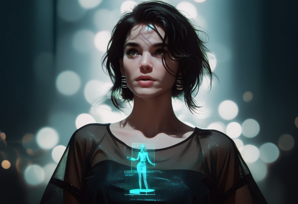 score_9, score_8_up, score_7_up, <lora:Ar3na1989:.55>, ar3na1989, 1girl, dark hair, (hologram), pop singer, (bokeh), sci-fi, dark atmosphere, moody, aesthetic,