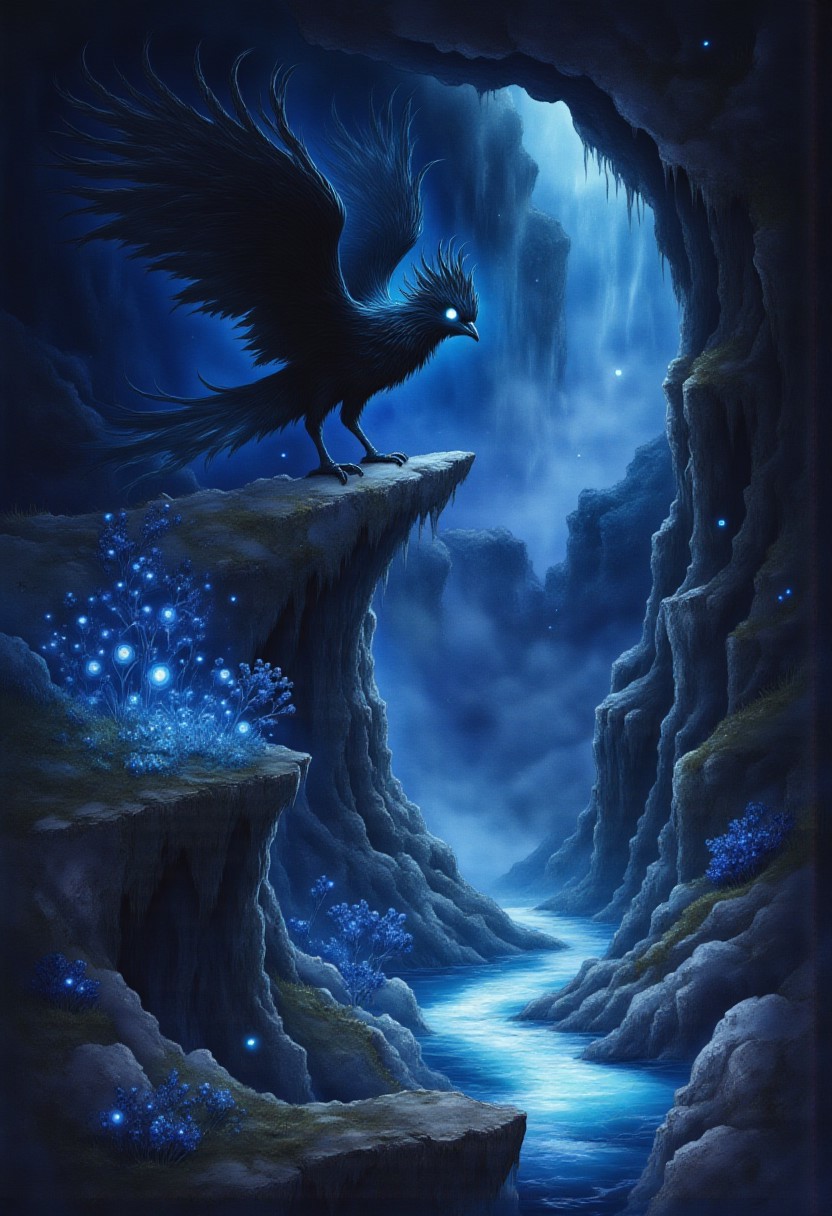 Studio Ghibli Dark Fairytale, smlstxtr, Black phoenix with fluorescent blue tones in the middle of the image, behind it a planet with a large ring and in the upper area shooting stars, a magical valley with dark tones illuminated by the light emitted by the phoenix, it has various plants which are luminescent, in the middle of the valley there is a river from which a little steam emanates. A sign that says Buzz = Happiness ♥
