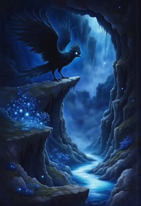Studio Ghibli Dark Fairytale, smlstxtr, Black phoenix with fluorescent blue tones in the middle of the image, behind it a planet with a large ring and in the upper area shooting stars, a magical valley with dark tones illuminated by the light emitted by the phoenix, it has various plants which are luminescent, in the middle of the valley there is a river from which a little steam emanates. A sign that says Buzz = Happiness ♥