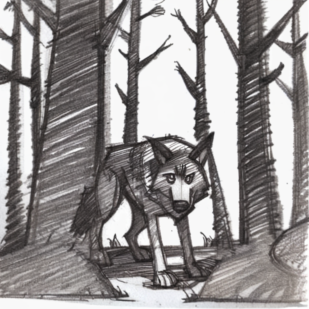 drawix21 wolf in forest, black ink<lora:drawix21:1>