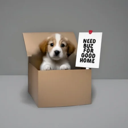 sad puppy in box with a sign saying "Need buz for good home"