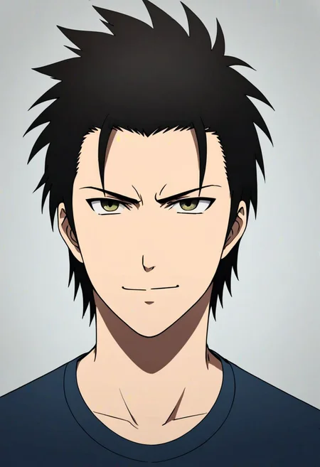 Highres, Masterpiece, High Quality, 4K, 8K, solo, 1Boy, Soujirou Agata, borown eyes, black hair, Shirt, passport_photo_style, looking at viewer, angry, smile, focused gaze forward, plain background, straight body, head upright, easynegative, detailed_eye_model