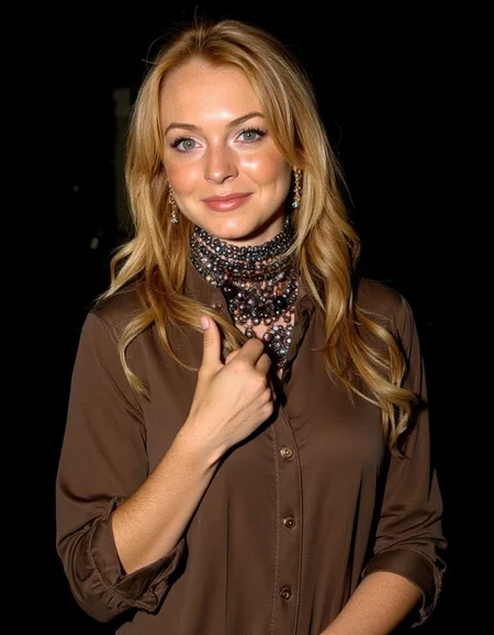 Half body view of Lindsey Lohan a young woman with platinum blonde hair wearing a brown blouse and scarf around her neck standing and posing for a photo and in the black background.