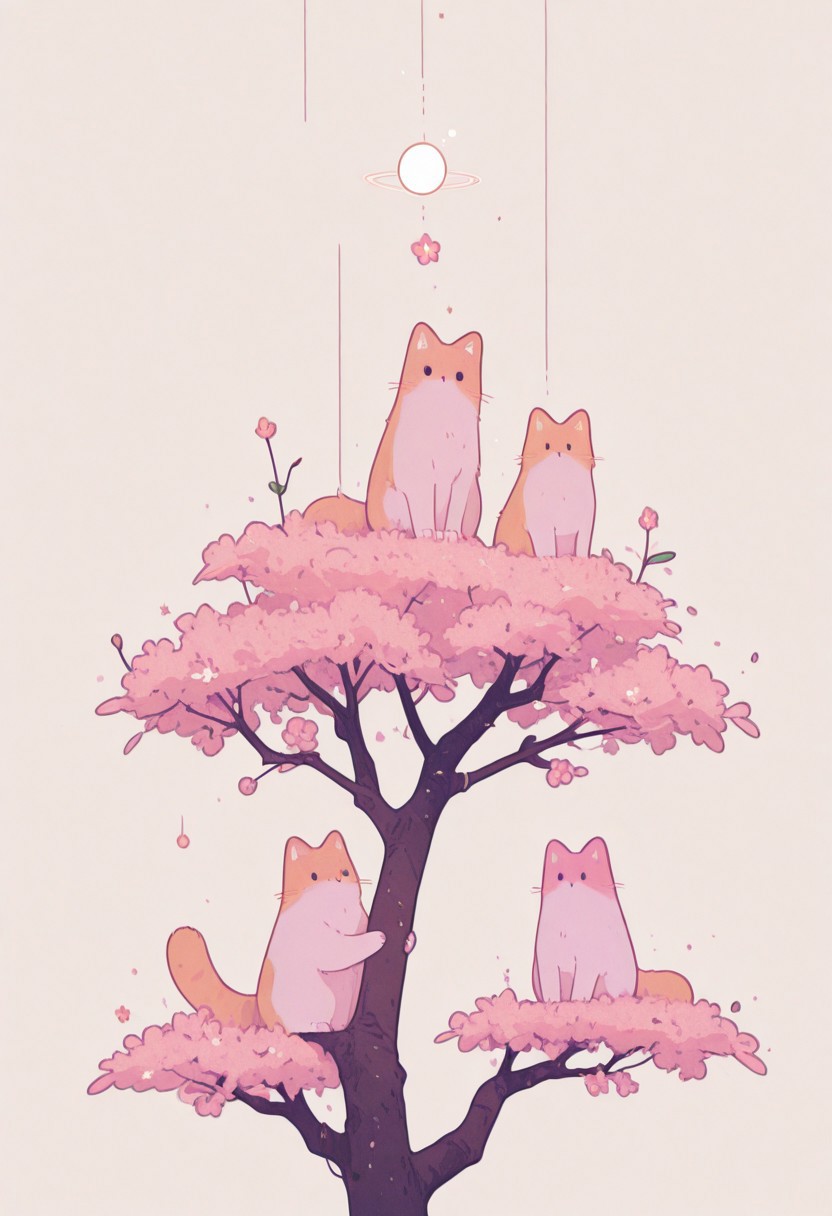 masterpiece, best quality, absurdres, cats sitting on a tree branch, facing each other in an intimate and harmonious pose. The left cat is black, while the right cat is white, creating a striking contrast. They are surrounded by delicate, blooming branches with small flowers, adding a serene and romantic atmosphere. The background is softly blurred, focusing the viewer's attention on the cats and their interaction. The lighting is soft, emphasizing the texture of their fur and the gentle ambiance of the scene. pink heart in front of them, white sphere in the background, h4ra_illu, momosp