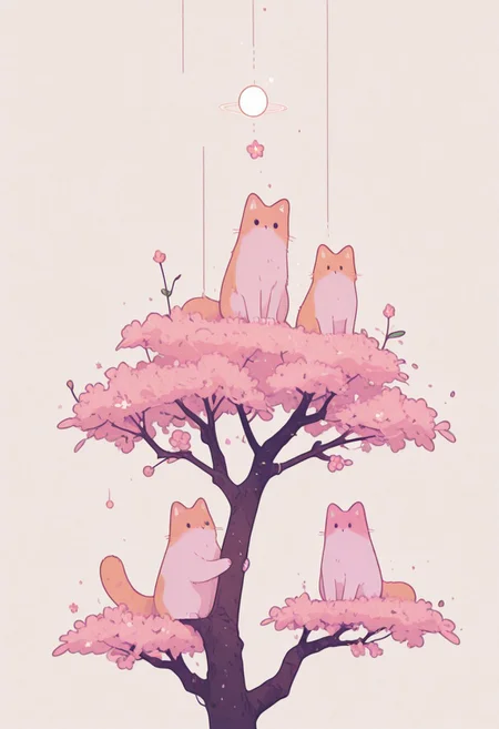 masterpiece, best quality, absurdres, cats sitting on a tree branch, facing each other in an intimate and harmonious pose. The left cat is black, while the right cat is white, creating a striking contrast. They are surrounded by delicate, blooming branches with small flowers, adding a serene and romantic atmosphere. The background is softly blurred, focusing the viewer's attention on the cats and their interaction. The lighting is soft, emphasizing the texture of their fur and the gentle ambiance of the scene. pink heart in front of them, white sphere in the background, h4ra_illu, momosp