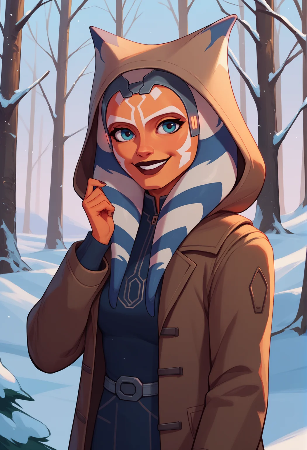 score_9, score_8_up, score_7_up, female, solo, grey headband, ahss7, medium breasts, <lora:AhsokaS7PDXL_V1-Manityro-adamw:1.0>, outdoors, winter, forest, looking at viewer, smile, winter coat, brown coat, hood up, brown hood