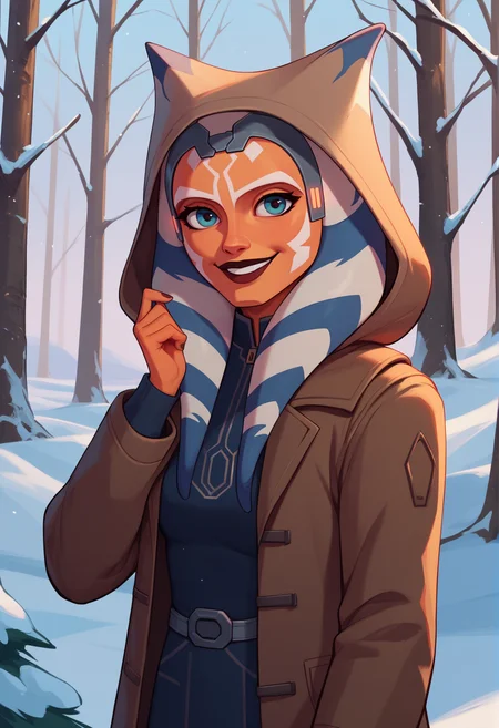score_9, score_8_up, score_7_up, female, solo, grey headband, ahss7, medium breasts, <lora:AhsokaS7PDXL_V1-Manityro-adamw:1.0>, outdoors, winter, forest, looking at viewer, smile, winter coat, brown coat, hood up, brown hood