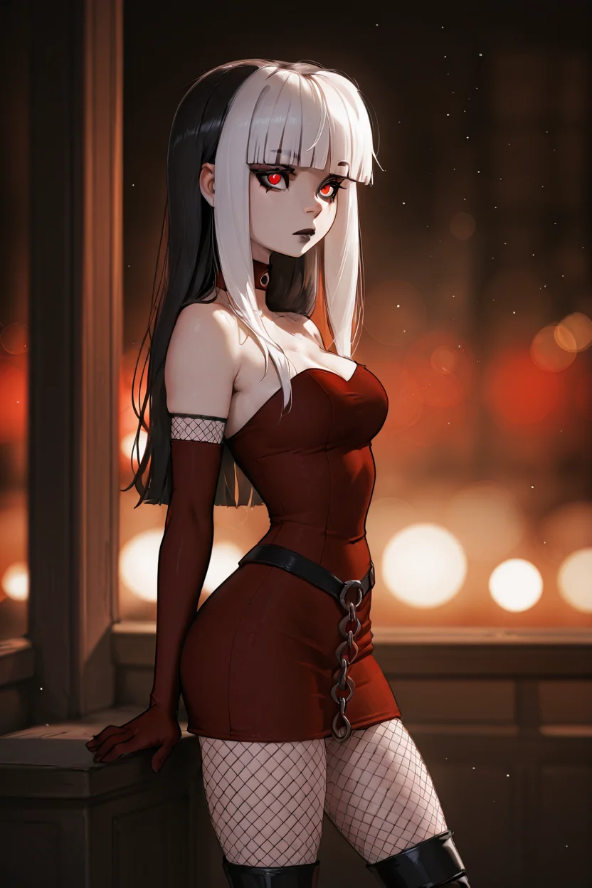 masterpiece, best quality, 1girl, solo, eyelashes, (beautiful eyes), zzCrimson, goth, blunt bangs, long hair, red eyes, makeup, fishnets, knee boots, red dress, elbow gloves, bokeh, depth of field, cinematic composition, side view, cowboy shot, <lora:CrimsonTDI_IXL:1.0>,