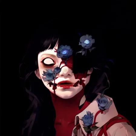 creepy, black hair, bangs, open clothes, white skin, red wire, blue flower, house, adult woman, portrait