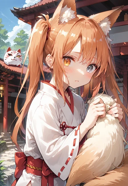 safe_pos, Rating_explicit, score_9, score_8_up, score_7_up, detailed, perfect eyes, detailed background, source_anime, source_furry, (extrem long hair), (pigtails:1.5), (orange hair:1.5), (neutral eyes), (blushing), (cat mouth:1.5), 

(kagarimachi_konatsu), (1foxwoman), (woman), (human), (alone), (tall:2), (heterochromia:1.5), (orange eye, grey eye:1.5), (slit pupils:1.5), (fox tails:1.5), (multiple tails:1.5), (fluffy fox ears:1.7), (fox mask on side of head:1.5), (animal legs:1.7), cute, (normal body:1.5), (:1.5), (orange furry skin:1.5), (small breasts), (shrine maiden outfit:1.5), (sakura trees:1.5), (torii gates), bushes, grass, (standing:1.5), detail1eye