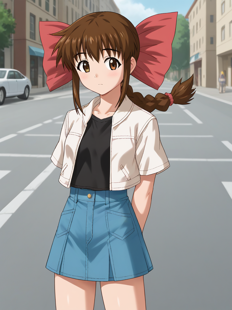 1girl, solo, tamaovgrebirth, brown hair, braided ponytail, pink bow, hair bow, brown eyes, white jacket, cropped jacket, short sleeves, black shirt, denim skirt, outdoors, street, arms behind back, standing, cowboy shot,