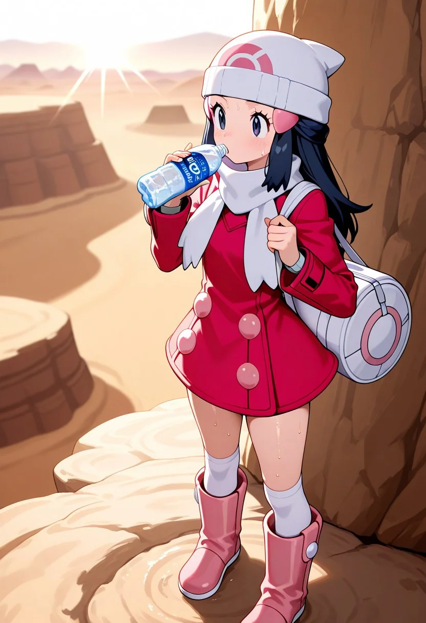 1girl,dawn_(Pokemon Platinum),desert landscape,(sunlight),very sweaty,drink bottled mineral water,black long hair,pink hairclip,white beanie,red coat,front right placket Peacoat,white scarf,white kneehighs,hanging white duffel bag from shoulder,pink boots,pink miniskirt in coat,pink buttons on coat,Pokétch with left sleeve tab,gray bangle with right hand,perfection style,masterpiece,best quality,amazing quality