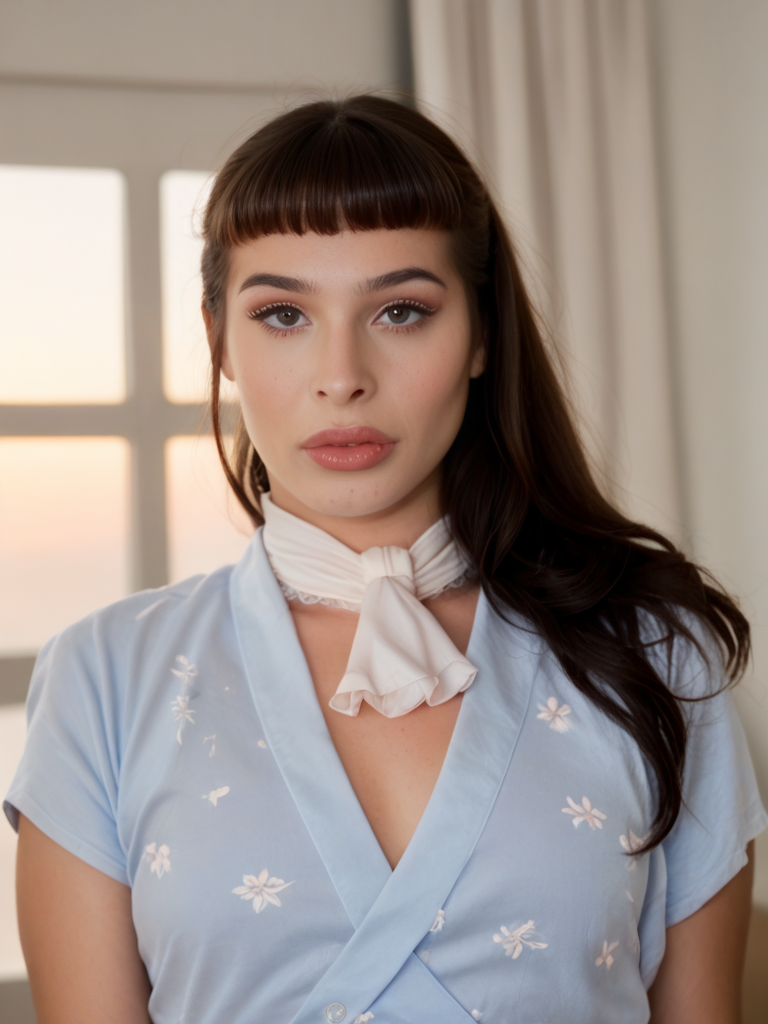 score_9, score_8_up, score_7_up, Al3x4Scout, Alexa Scout, <lora:Al3x4Scout-pony:1>, cinematic, ultra detailed, portrait, 1girl, makeup, lips, long hair, high ponytail, bangs, dark hair, big lips, wearing lilac kimono, wintry landscape, wearing ascot, solo, looking at viewer, bokeh, focus, film, velvia, artistic, best quality, photograph, focus, face focused, magic hour, photography, warm light, sunset, movie still,