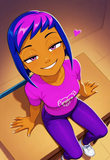 1 girl, solo, multicolored hair, blue hair, short hair, tan skin, pink t-shirt, purple jeans, white shoes, smiling, looking at viewer, sitting, sitting on desk, sexy, seductive, teasing, flirting, view from above,
