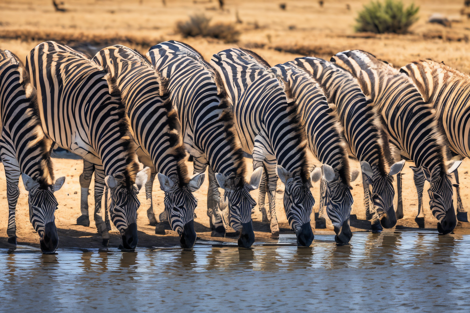 desert landscape (masterpiece, best quality:1.2), ultra-detailed, EdobZebra group of zebras drinking water,  (realistic:1.5), <lora:EdobZebra_v1.0:1>