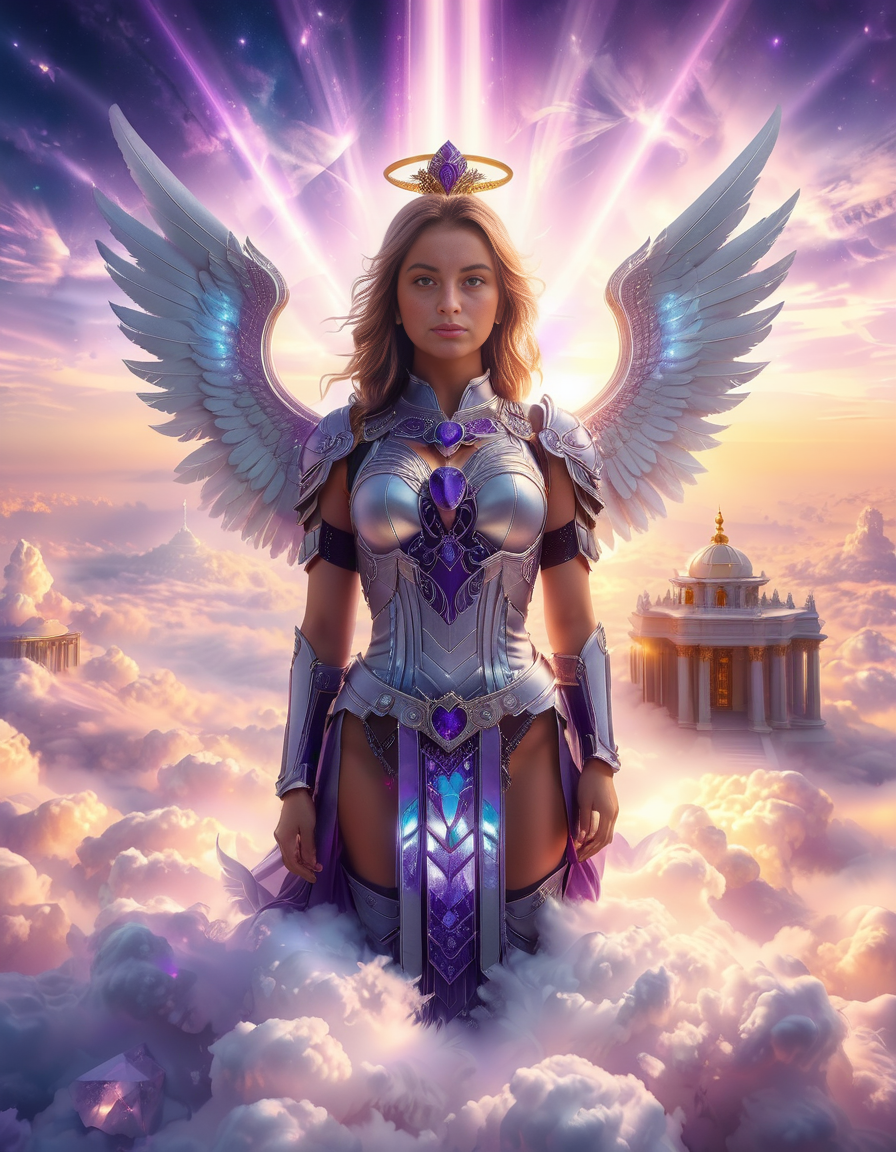 <lora:sky_t3mpl3:1>,cowboy shot,(looking at viewer:1.6),
A fierce warrior angel standing on clouds in front of a majestic celestial sky temple,sky t3mpl3.(arms behind back:1.3), She wears futuristic, sleek black armor with purple accents, blending fantasy and sci-fi elements. Her armor is adorned with glowing, purple gemstones at her chest and shoulders, radiating a soft light that matches the ethereal surroundings. Large, metallic angel wings with a high-tech design extend from her back, with white feathers and metallic frames, combining elegance with strength. She looks directly at the photographer with an intense, focused gaze, creating a powerful connection with the viewer. Behind her, the grand temple is made of gleaming, white stone and crystal pillars, floating among the clouds, illuminated by soft rays of heavenly light. The sky is filled with a soft pink and purple glow, casting a serene yet powerful atmosphere around this divine guardian.<lora:SDXLFaeTastic2400:0.4> <lora:extremely_detailed:0.4> extremely detailed,, Masterpiece,best quality,hi res,8k,hi res,8k,award winning,(sharp focus, intricate, highly detailed),