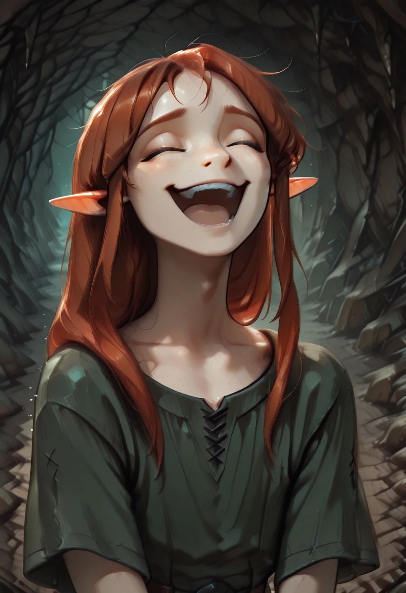 1person, Lapanya, Malgha, short-sleeved green tunic,
Closed eyes, laughing, happy,
Close up,
Underground, organic cavern,
Anime style,