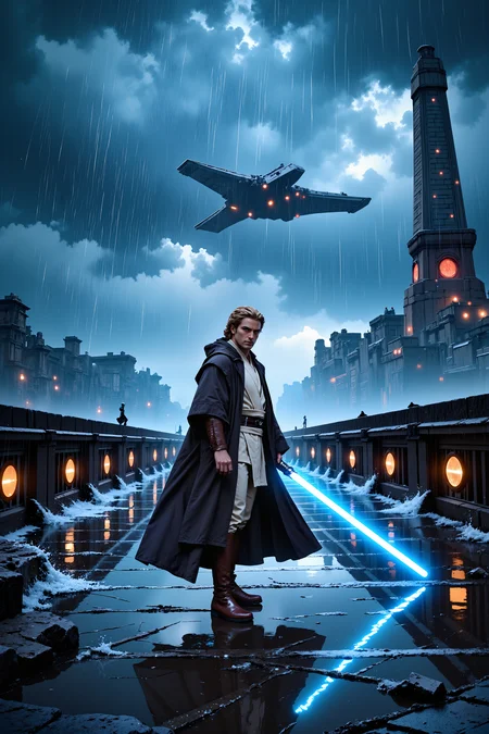 A lone Jedi in jedioutfit stands in the midst of a torrential rainstorm on a shattered bridge, their lightsaber ignited, casting a vivid blue glow that contrasts with the bleak, stormy skies. Surrounding them, water splashes from the strikes of droid attackers, while the distant silhouette of a massive starship looms ominously. The Jedi's calm stance and focused expression embody the balance between the chaos around them and the serenity within. The air crackles with the energy of the Force, faint ripples visible as they deflect incoming blaster fire effortlessly.<lora:JEDIOTFIT_FLUX> <lora:Smooth_Mix_-_Flux:0.7><lora:FluxMythP0rtr4itStyle:0.8>