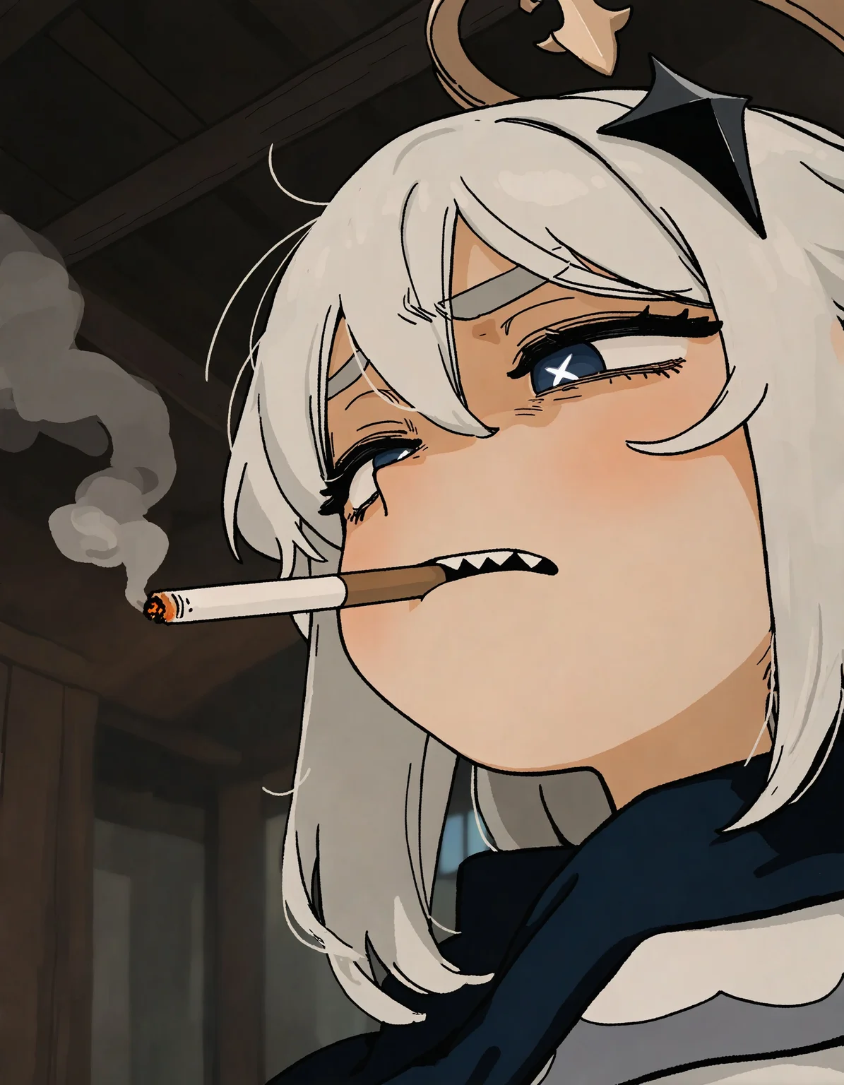 (akai sashimi:1.2), j.k.,
newest, masterpiece, highres, year 2024, year 2023,
(mesugaki:1.2),
paimon \(genshin impact\), solo, 1girl, close-up, perspective, :|, mouth hold cigarette, smoking, smoke, (sharp teeth:1.2), half-closed eyes, + +, looking down, (disgust:1.3), wide oval eyes, long eyelashes, thick eyelashes, black eyeliner,
detailed background, indoors,
<lora:ponyv4_noob1_2_adamW-000017:0.33>,