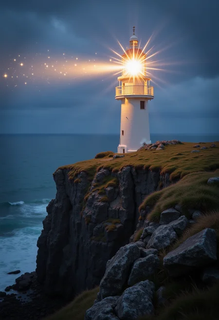 a lighthouse on a cliff (with a sparkling effect:1.2)