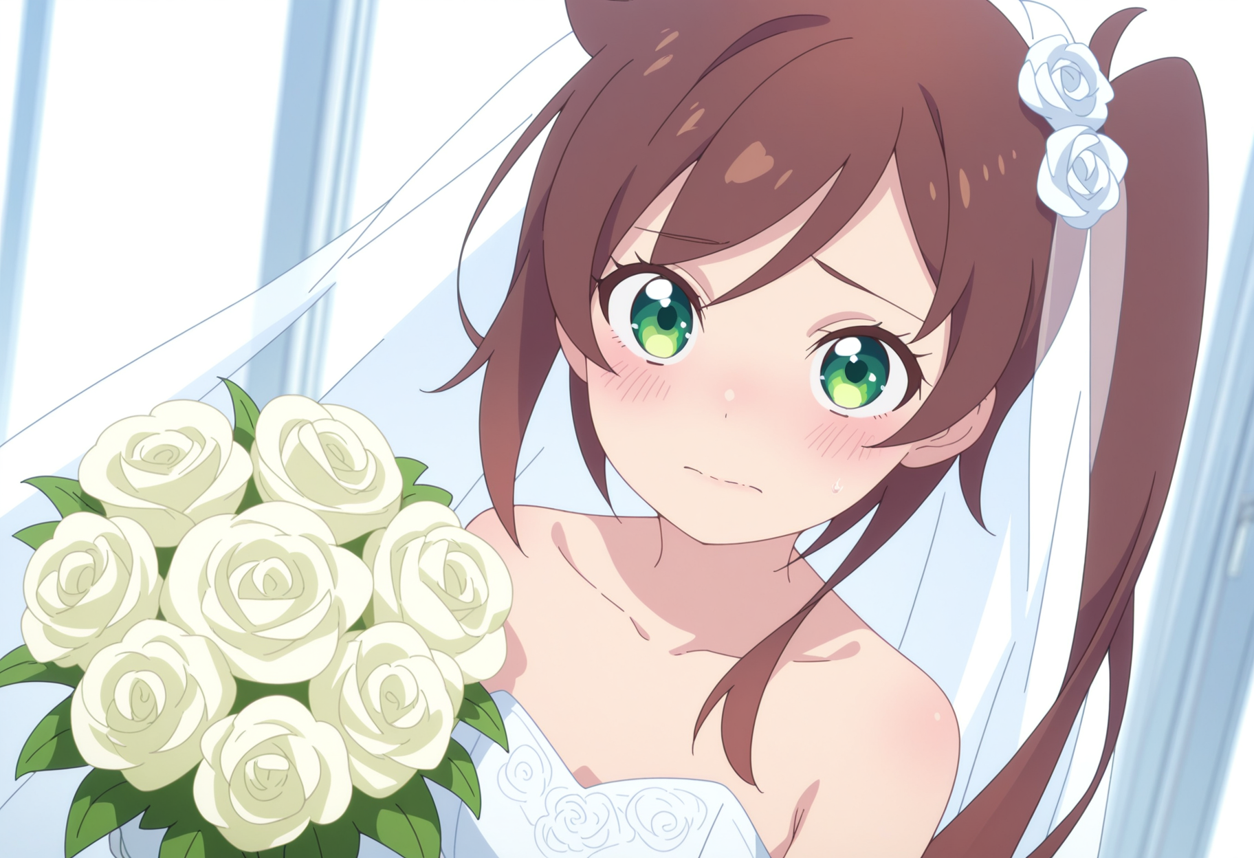 masterpiece, best quality, very aesthetic, anime, detailed background, 1girl, 
<lora:ShizuruChikura_ShuumatsuTrain:0.9> shizuruchikura, brown hair, green eyes, side ponytail, long hair, 
wedding dress, wedding gown, wedding veil, holding flower bouquet, embarrassed, looking at viewer, front view