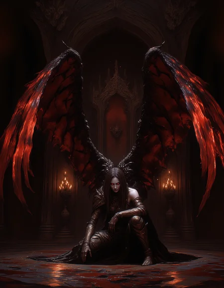 A formidable and fiery demonic warrior squats in a lavish hall adorned with gothic arches and glowing red lights. Her long, flowing raven hair shines in the dim light, cascading over her bare shoulders. Her body is covered in black armor, intricately designed with fiery motifs, each piece gleaming like obsidian. Her wings, large and leathery, shimmer with dark red hues, catching and reflecting the light to create a menacing aura.
The floor beneath her is reflective, showcasing the intricate patterns of the stone-like surface. Her posture is dynamic, one hand on the floor, the other ready for action, exuding power and determination. The grand setting, with its dark embossed walls and red sconces, enhances the dark and regal atmosphere. Art style: hyper-realistic, rich red and black tones, and a balance of action and elegance.
Her pale, white skin contrasting her unholy appeal.