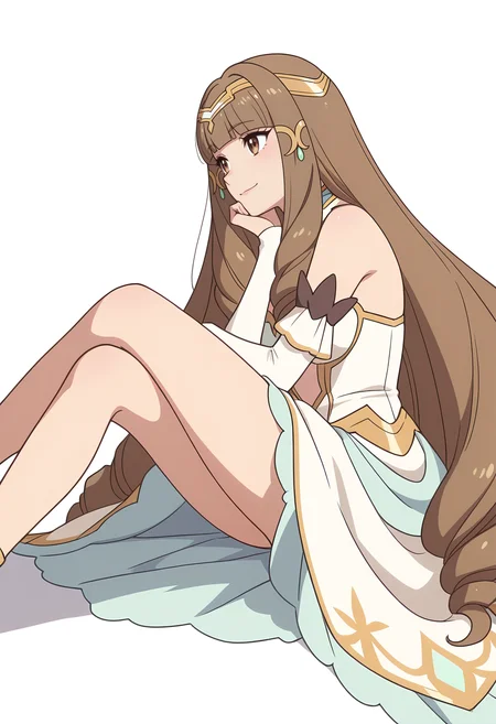 Smooth Quality,masterpiece,very intricate, high quality details, ultra realistic, high detailed skin,detailed enviorement,
white background, simple background, solo,
from side,sitting, legs crossed, hand on chin, smiling, relaxed, ,d:,
<lora:Klyrode_Elizabeth_Cinabrio:0.8> klyrodeelizabeth/cnn, 1girl,brown hair, long hair,brown eyes, blunt bangs, very long hair,
drill hair, princessdress/cnn, tiara,jewelry,hair ornament,