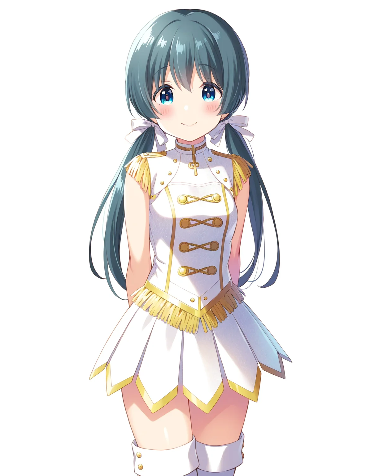 1girl, solo, cowboy shot, okuyama sumire, hair ribbon, idoly pride, white idol costume, thigh boots, standing, arms behind back, looking at viewer, smile, blush, (simple background, white background), BREAK, <lora:iSumire:0.72>,
very aesthetic, high definition, amazing quality, masterpiece, best quality, highres, absurdres, sensitive, newest, anime screenshot, screencap