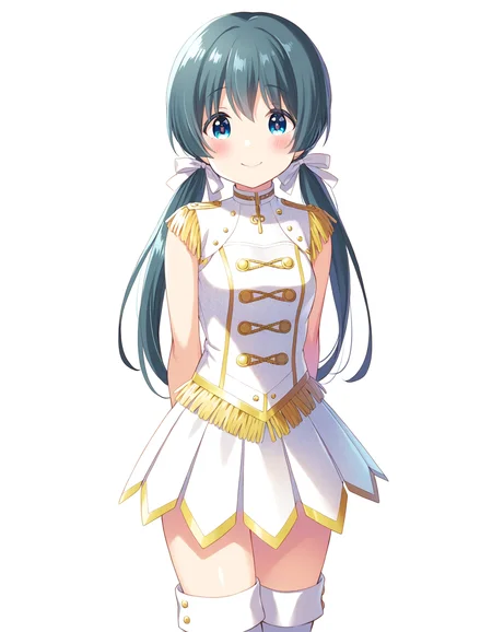 1girl, solo, cowboy shot, okuyama sumire, hair ribbon, idoly pride, white idol costume, thigh boots, standing, arms behind back, looking at viewer, smile, blush, (simple background, white background), BREAK, <lora:iSumire:0.72>,
very aesthetic, high definition, amazing quality, masterpiece, best quality, highres, absurdres, sensitive, newest, anime screenshot, screencap