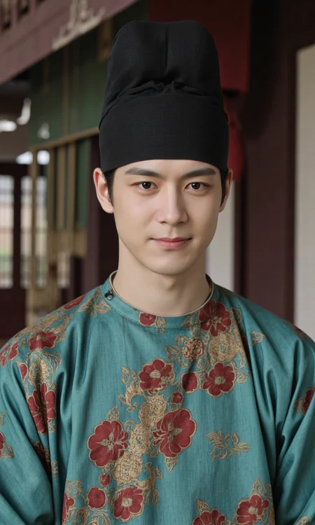 Top Atmosphere Photography Works, extremely realistic, Art by Zhang Jing,
JCY, HNS, This is a photograph capturing a scene from a historical drama or period film set in ancient China. The central figure is a young man with a fair complexion and a slender build, dressed in traditional Chinese attire. He wears a black hat and a teal round-collar robe adorned with intricate, red and gold embroidery depicting floral and geometric designs. His expression is calm and slightly amused, with a hint of a smile on his face.
(photorealistic:1.5), (Extremely realistic, masterpiece, top quality, official art, best quality, beautiful and aesthetic:1.2), 4k, 8k, very rich details, 24bit colors, vivid colors, cinematic color grading, landscape,