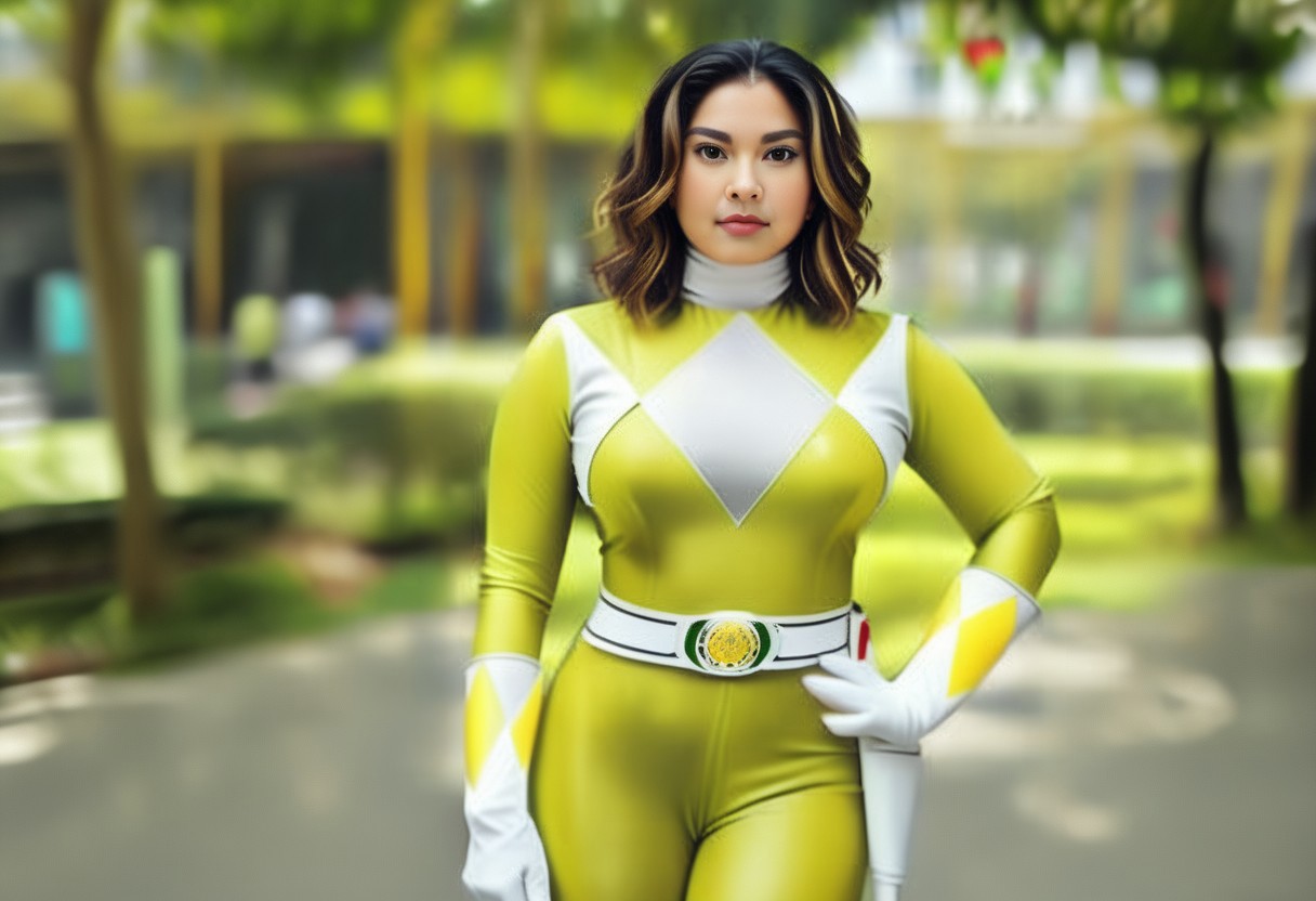 yellow power ranger Grachie, short brunette wavy hair, helmetless, uniform, yellow catsuit, white collar, serious facial expression, standing square-on, in urban park, arms slightly-outstretched, close-up