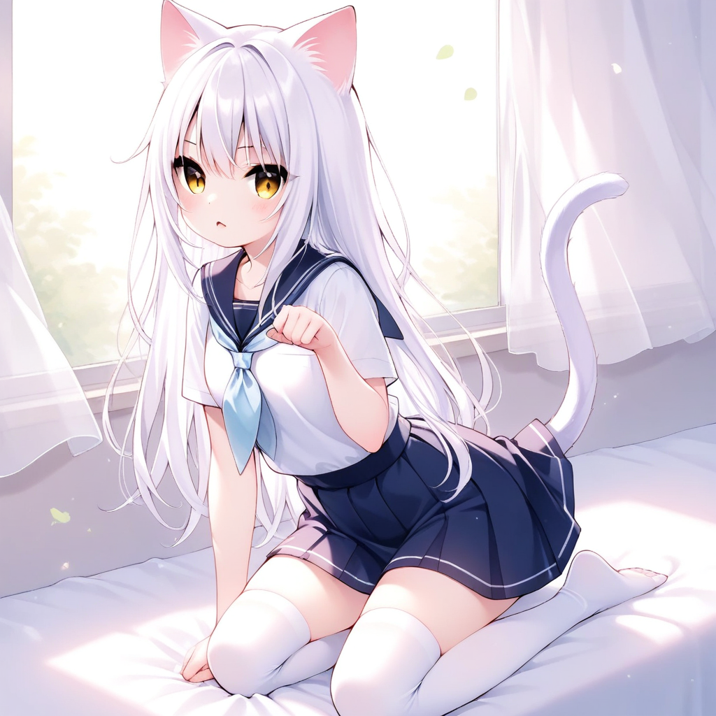 cat ears, cat tail, white hair, golden eyes, school uniform, thighhighs, detailed hands, sharp eyes, masterpiece, high quality, best quality, 1girl, animal ears, looking at
