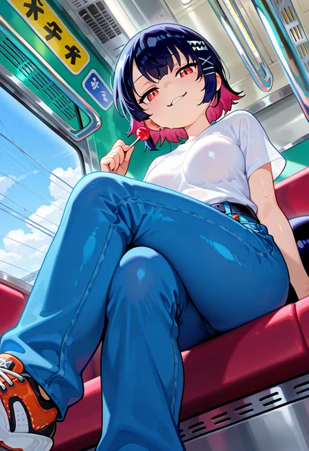 masterpiece, best quality, amazing quality, very aesthetic, absurdres,  newest, scenery, depth of field, shiny skin, humid skin,
anime screencap, 1girl, (ellen joe, zenless zone zero:1.2), (Miss Kobayashi's Dragon Maid style:1.2), indoors, train interior, (looking at viewer:1.1), white shirt, jeans, (sitting, low angle view, crossed legs, tail:1.1), red lollipop candy, smirk, sneaker
(colorful:1.1), masterpiece, best quality, amazing quality, very aesthetic, absurdres,  newest, scenery, depth of field, shiny skin, humid skin