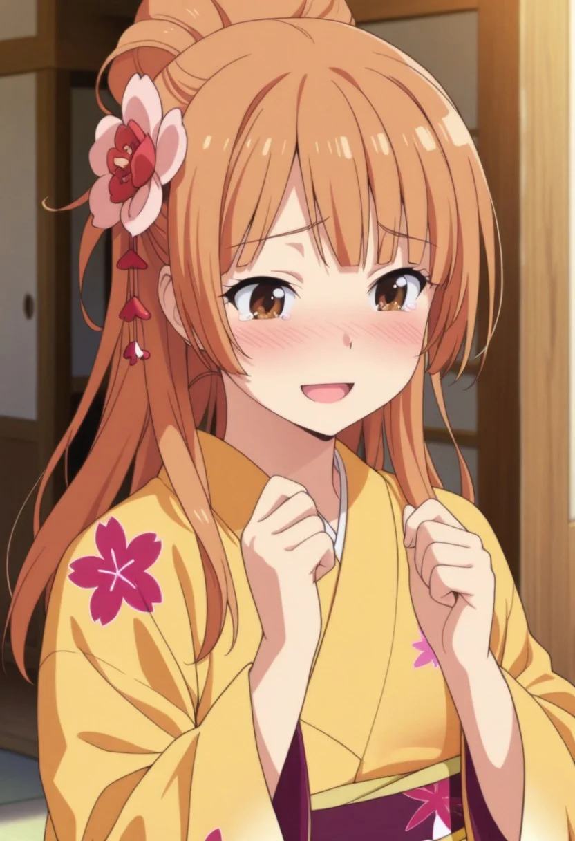 masterpiece,best quality,amazing quality, sumizome akemi, amber hair, long hair, brown eyes, 1girl, solo, japanese clothes, kimono, hair ornament, flower, hair flower, tears, open mouth, blush, smile
