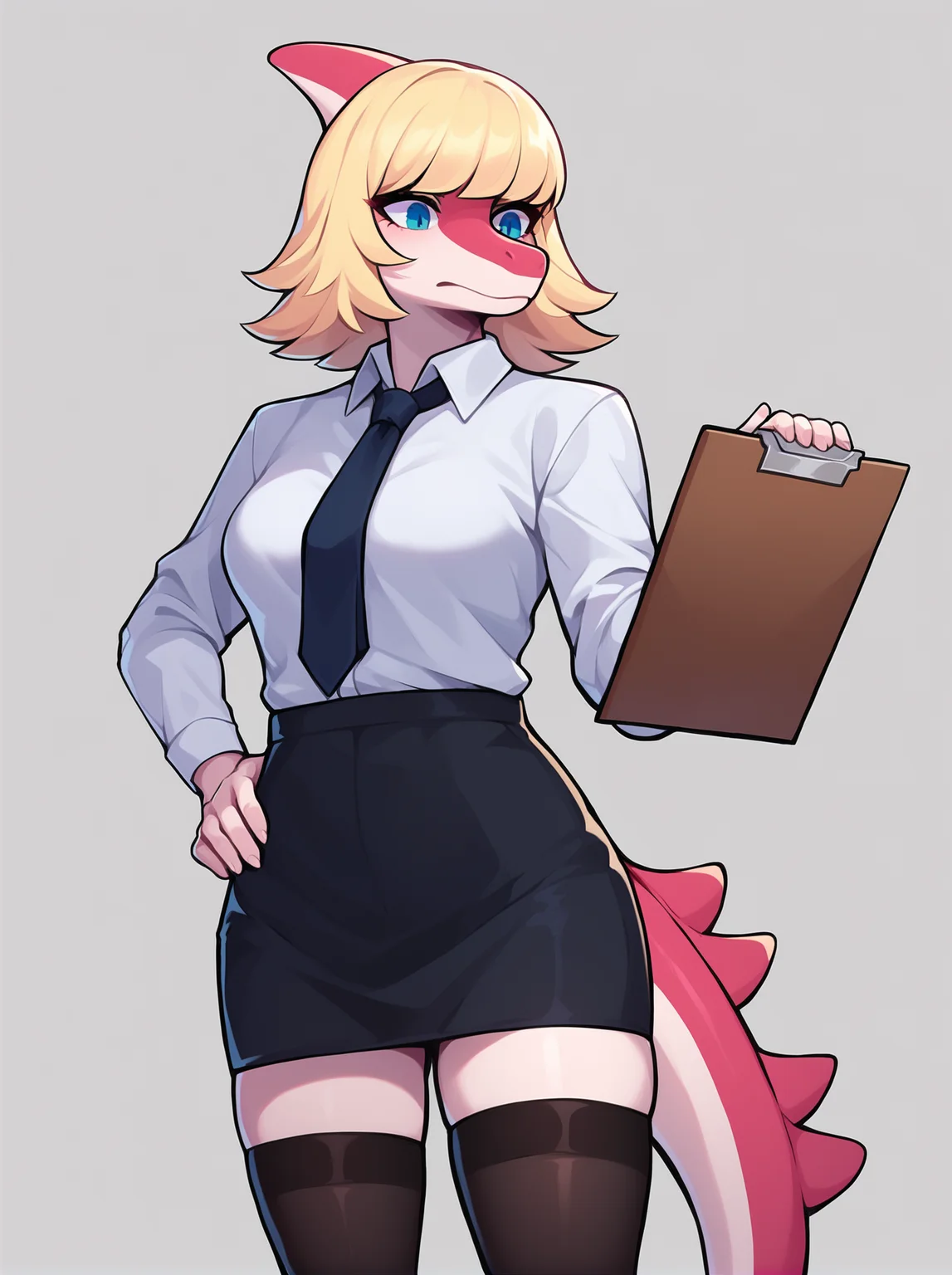 score_9_up, score_8_up, score_7_up, score_6_up,
<lora:Mia_Moretti_IWHTG_XL_v4:1> mia_iwhtg, parasaurolophus, dinosaur, scalie, blonde hair
black bottomwear, black clothing, black legwear, black skirt, black thigh highs, bottomwear, business suit, businesswear, clipboard, clothing, female, legwear, necktie, office, office lady, skirt, secretary, shirt, skirt, solo, suit, thigh highs, topwear, white clothing, white fur, white shirt, white topwear, white background, simple background, 5 fingers, hand on hip,