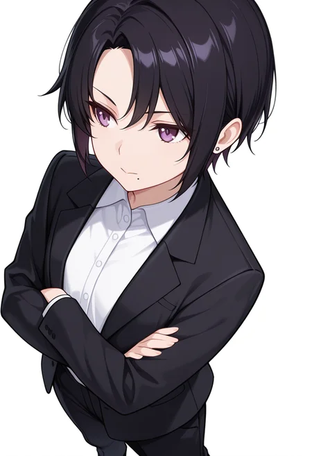 masterpiece,high quality details, absurdres, 
standing, arms crossed, head tilt, serious, balanced stance, confident,  ,
<lora:kuro:0.8> kuro_cnr, 1girl,black hair, short hair, purple eyes, mole under mouth, formal, suit, jacket, white shirt,pants, earrings,androgynous,, :>,, simple background, white background, from above,solo,