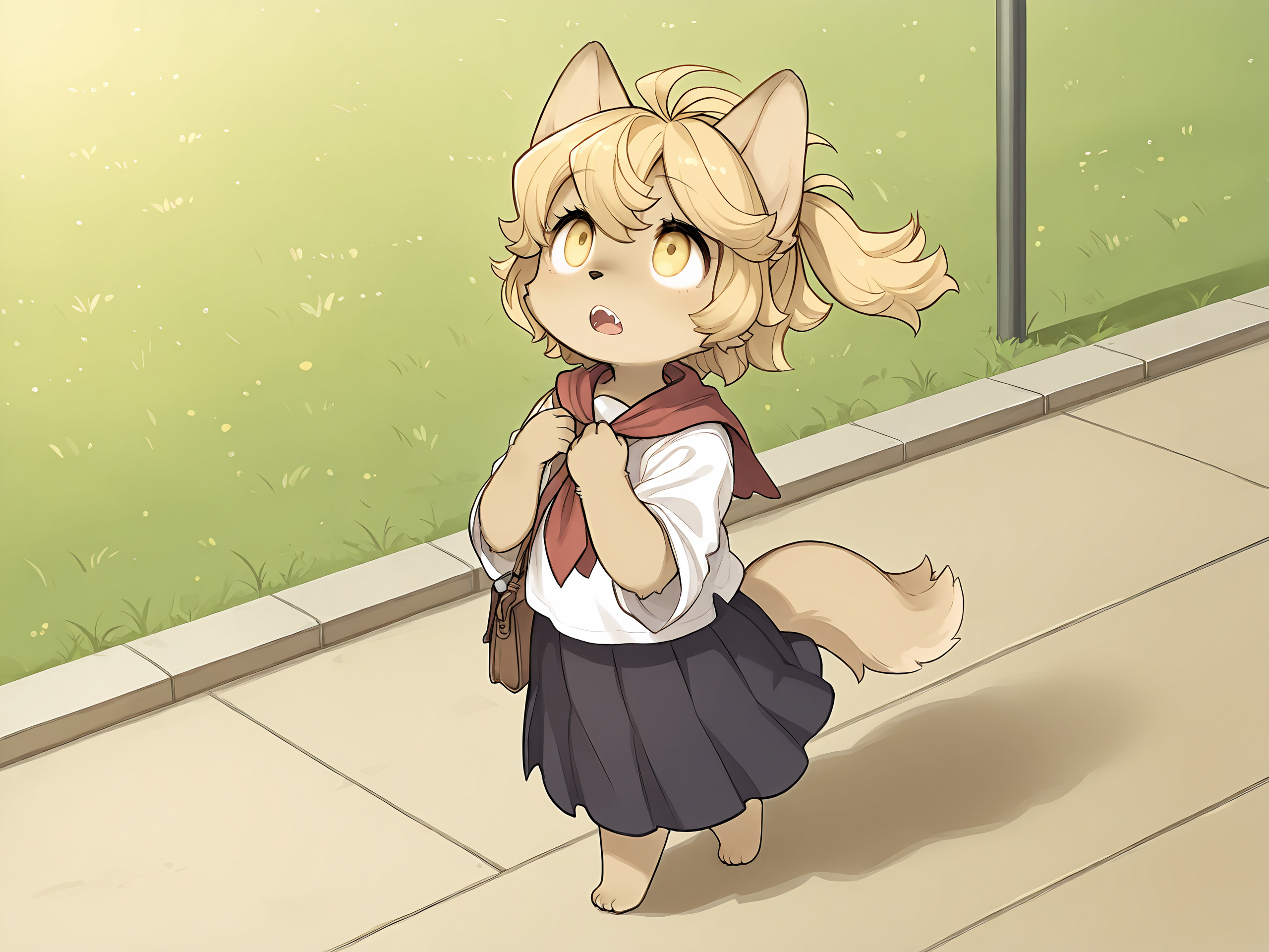 masterpiece, best quality, (absurdres), (highest quality), amazing quality, very aesthetic, no humans,
BREAK, <lora:Mei_Marzipan_Illustrious_V1:1>, mei marzipan, fuga: melodies of steel, kemono, furry female, 1girl, child, beige fur, blonde hair, yellow eyes, dog girl, animal ears, dog tail, dog ears, twintails, bangs,
BREAK, seifuku, sailor outfit, school uniform, black skirt, white blouse, black leggins, red tie, red scarf, handbag,
BREAK, (solo), full body, school, sakura trees, outside, grass, sunny, walking, looking up, looking to side, open mouth, awestruck, :o, fangs
