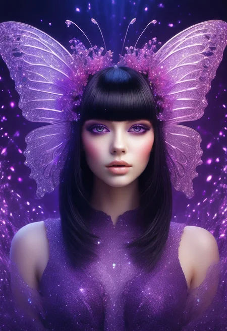 masterpiece, newest,absurdres,incredibly absurdres,1girl, solo, bug, butterfly, bangs, black hair, looking at viewer, long hair, blunt bangs, covered mouth, purple eyes, purple theme, eyelashes, flower, pink eyes, snowflakes,
dark_theme,abstract background, made of crystals,
depth of field,white sphere on the background,usnr