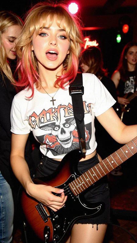 A woman with short, wavy blonde hair fading to red at the tips, light blue eyes, long eyelashes, and glossy pink lips is passionately playing an electric guitar and singing at the same time on-screen on stage. She wears a small silver cross necklace and a white T-shirt featuring a rock band logo. In the vibrant atmosphere of a club, she's headbanging in rhythm with the music while gazing straight at viewer, fully immersed in the moment. Her hair bounces with every beat as she headbangs, the camera following her dynamic movement around the stage.