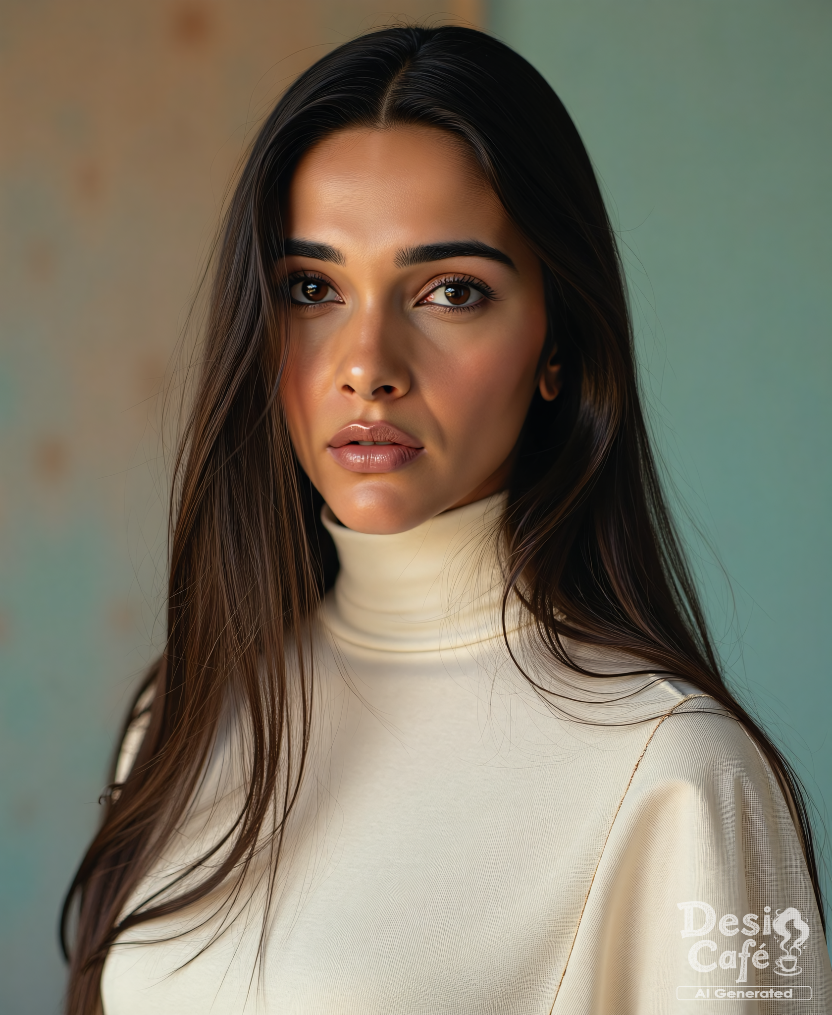 instagram photo of tara sharma woman, hyper realistic photo that is safe for work, angry, studio quality image with natural colors, well dressed wearing intricate turtleneck White Kashmiri Pashmina Suit, hair styled as  straight hair,muted pastel shaded multicolored background that contrasts with the person, cinematic lighting,ââ    <lora:Tara_Sharma_Flux_Kohya_V1:1>âââ