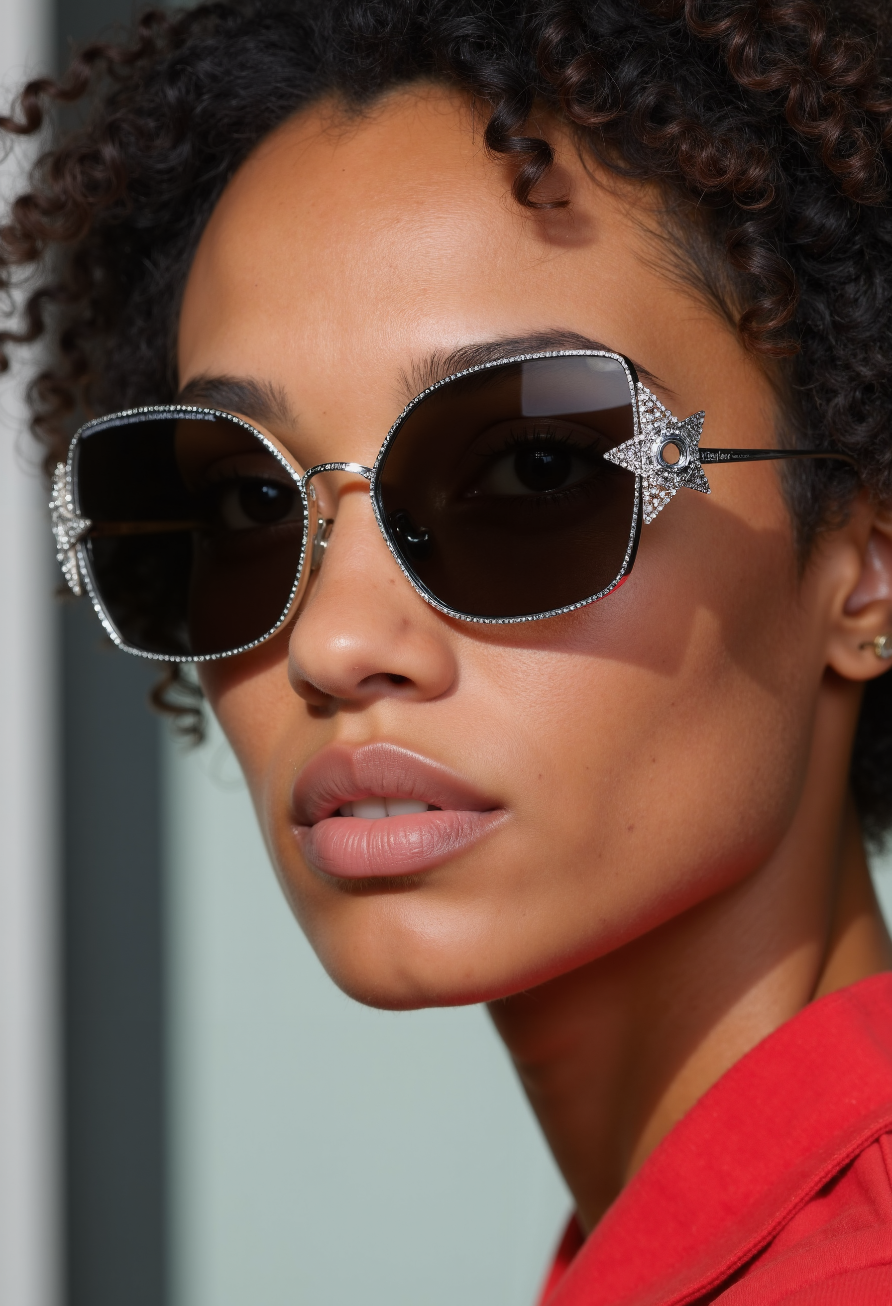 clo035, head shot of a african woman, wearing a Christian Dior sunglasses with a metal frame and black lenses. The sunglasses have a star-shaped design. red shirt, looking in the camera, smiling, in a fashion store
