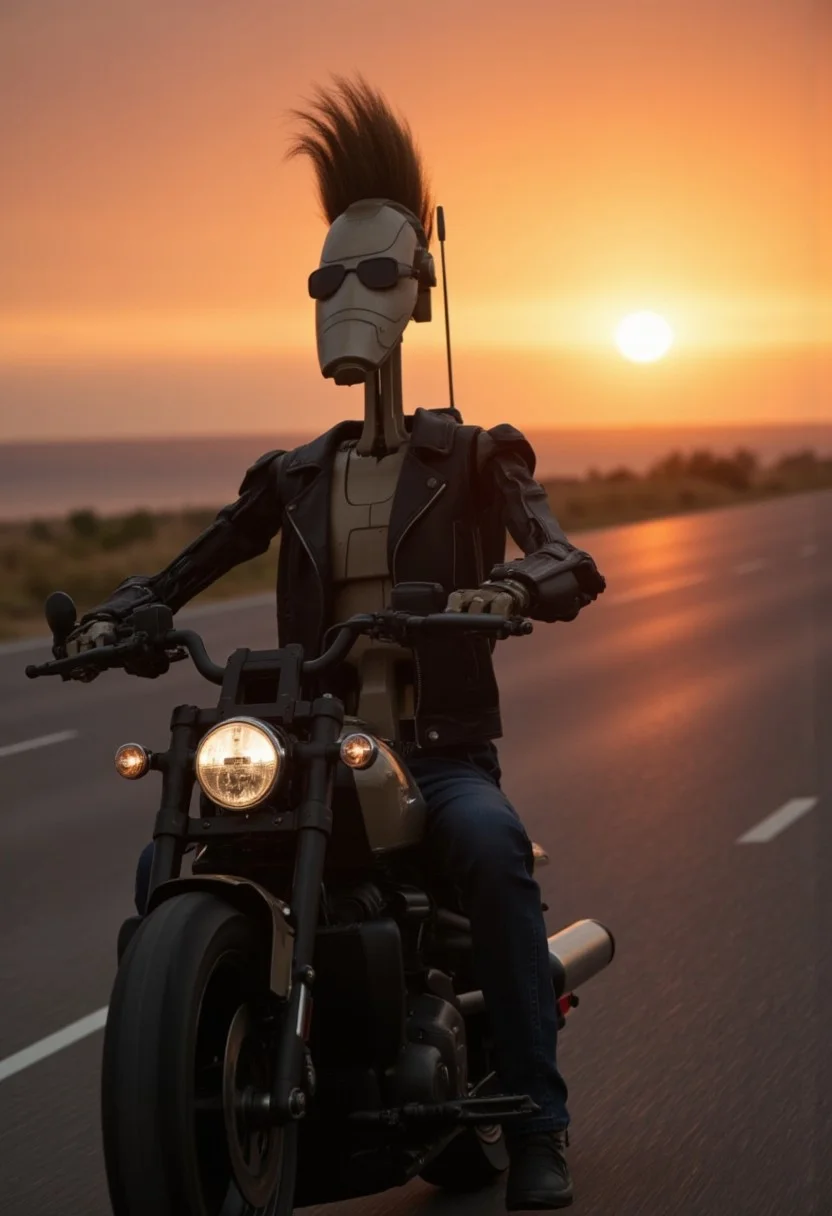Prompt: "A highly cinematic shot of a Star Wars battle droid riding a Harley motorcycle on a straight highway at sunset. The droid is wearing a black leather jacket and sunglasses. Its hairstyle is an extreme, towering Punch Perm. The sunset casts a dramatic orange glow, reflecting off the droid's metal body, and the open road stretches endlessly ahead.