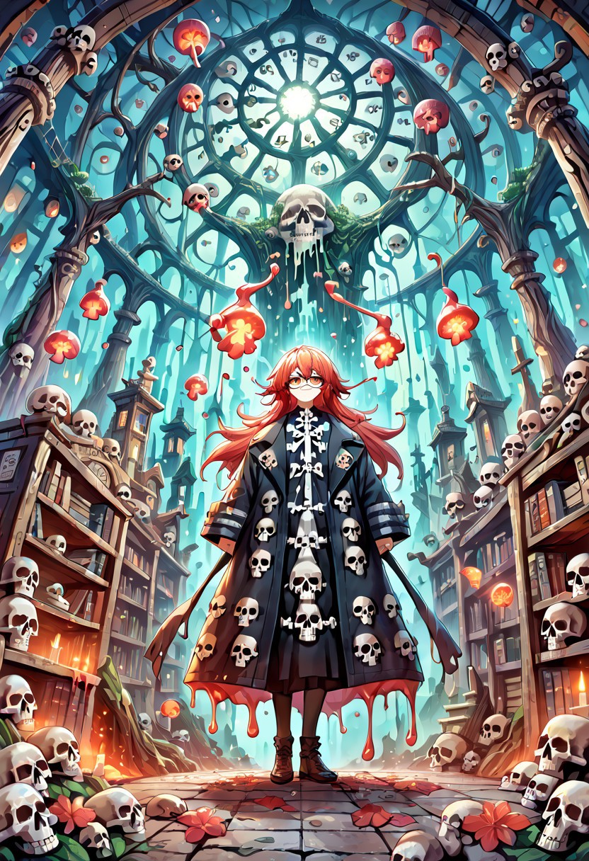 score_9, score_8_up, score_7_up,source_anime, masterpiece, high score, great score, absurdres, slimes_skullwm, made of skulls, intelligent anime female wearing a long coat woven with bone fragments and slime strands, spectacles glowing softly, floating books made of goo orbiting around her, standing in an ancient skeletal library
