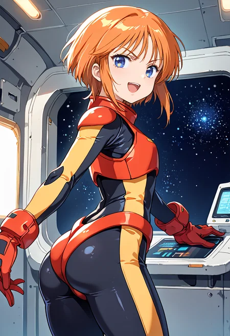 score_9, score_8_up, score_7_up, source_anime BREAK 1girl, solo, zz_pletwo, <lora:zz_pletwo:1>, (1990s\(style)\:0.3), cowboy shot, from behind, ass, skin tight, armor, pilot suit, black bodysuit, red gloves, orange hair, short hair, sidelocks, dark blue eyes, v-shaped eyebrows, looking at you, smile, open mouth, space base, indoors, <lora:zy_Detailed_Backgrounds_v1:0.5>