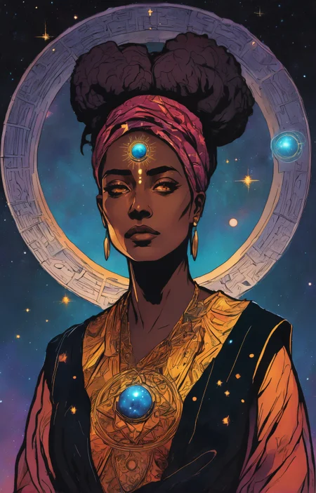 dgst artstyle, graphic illustration, comic art, graphic novel art, vibrant, dark and moody head and shoulders shot of a statuesque Curaaoan woman with a tired expression, ( theme:1.1) (glowing eyes:1.05), living star constellation, star sign, horoscope, calm composure, benign, cancer, geometric symbolism, astral power, nebula, cosmic light, consciousness, stardust, backlighting, cosmic space background, otherworldly esoteric atmosphere, <lora:SDXL1.0_Essenz-series-by-AI_Characters_Style_DarkestDungeon-v1.0:0.7>, high quality, 4k, highly detailed