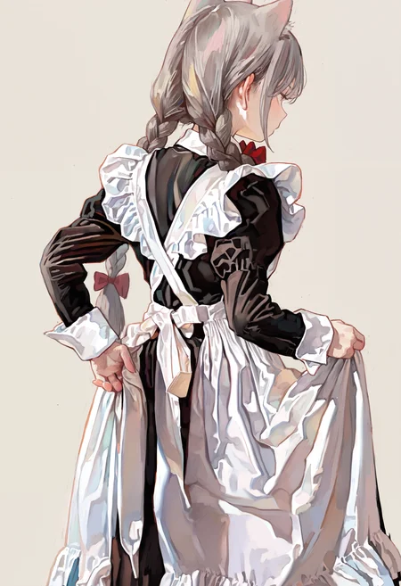 masterpiece, highres, absurdres, newest, very awa, painting \(medium\), upper body, simple background, 1girl, solo, braided twintails, hair bow, grey hair, cat ears, maid, long dress, apron, pantyhose, red bowtie, from behind, back view, dress hold, looking to the side, <lora:spo_sdxl_10ep_4k-data_lora_webui>, <lora:NOOB_EPSv1_1_detailer_by_vlnvk_v1_0:0.5>, <lora:illustrious_noobai_epsilon_pred_1_best_quality_v1:0.7>, <lora:noobai_ep11_stabilizer_v0.30_fp16:0.4>, <lora:FKEY:0.8>,